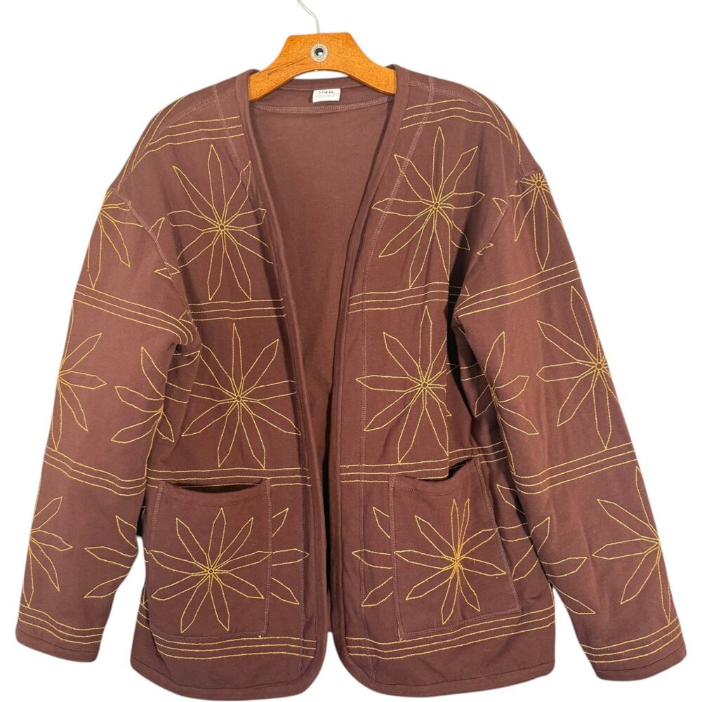 Zara Unisex Brown Quilted Embroidered Jacket Cardigan Brown Cabincore Cotton S